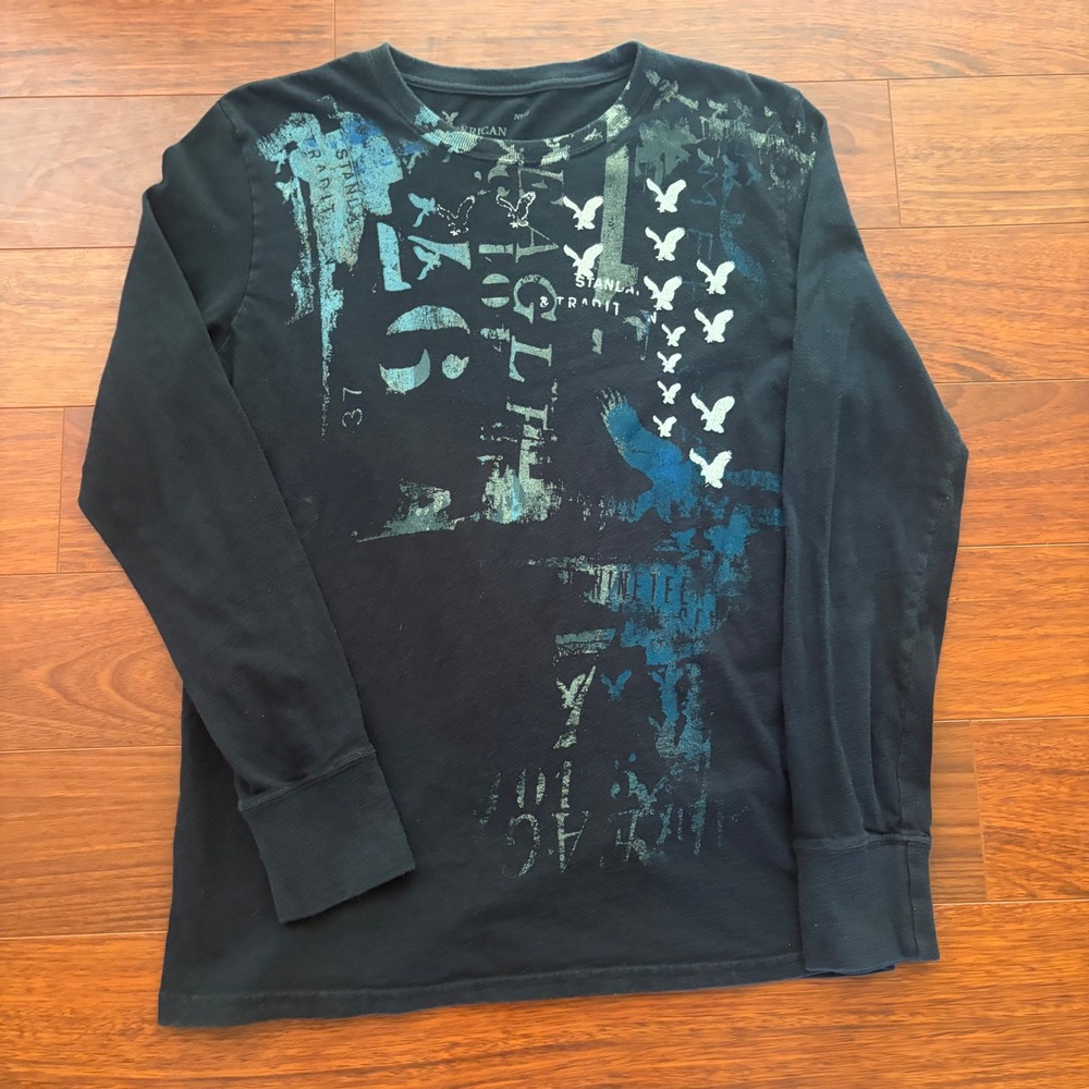 American Eagle Y2K AOP Long Sleeve Tee Black Blue Eagles Distressed Men's Large